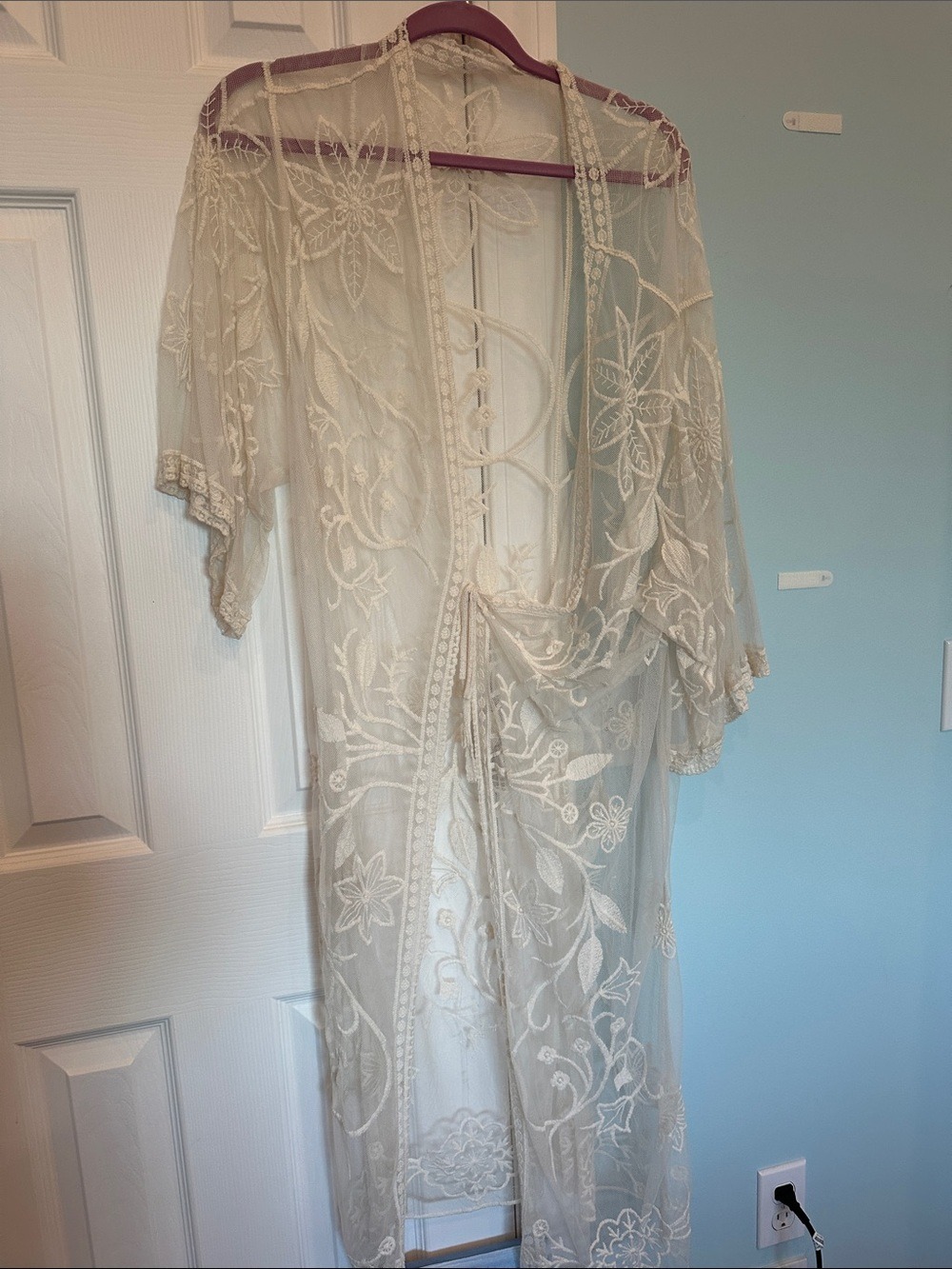 Sheer Embroidered Ivory Lace Kimono Cover-Up